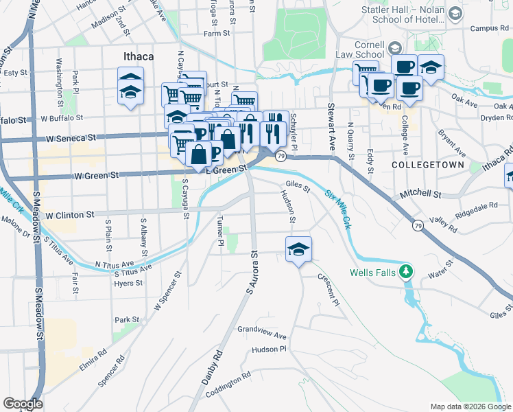 map of restaurants, bars, coffee shops, grocery stores, and more near 311 South Aurora Street in Ithaca