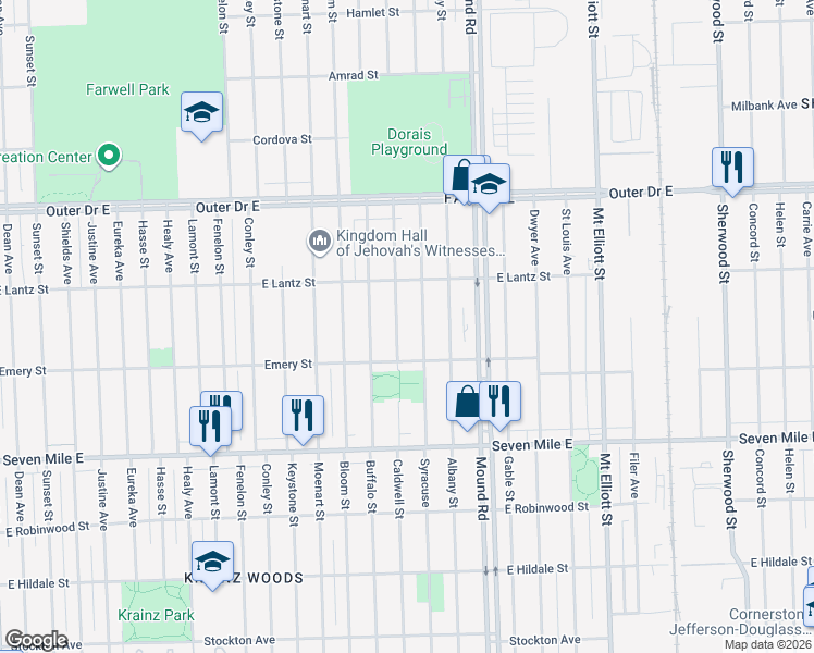 map of restaurants, bars, coffee shops, grocery stores, and more near 19323 Syracuse Street in Detroit