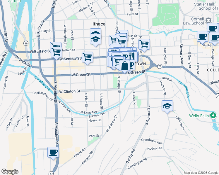 map of restaurants, bars, coffee shops, grocery stores, and more near 301 South Geneva Street in Ithaca