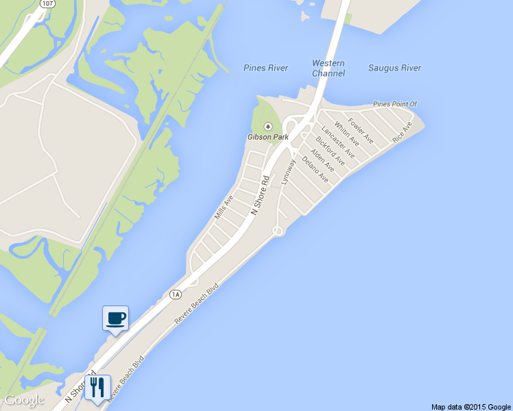 map of restaurants, bars, coffee shops, grocery stores, and more near 245 North Shore Road in Revere