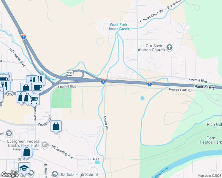 map of restaurants, bars, coffee shops, grocery stores, and more near 2445 Moon Mountain Road in Grants Pass