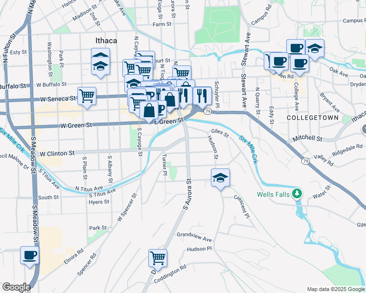 map of restaurants, bars, coffee shops, grocery stores, and more near 213 Pleasant Street in Ithaca