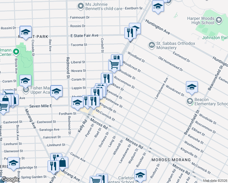 map of restaurants, bars, coffee shops, grocery stores, and more near 18557 Washtenaw Street in Harper Woods