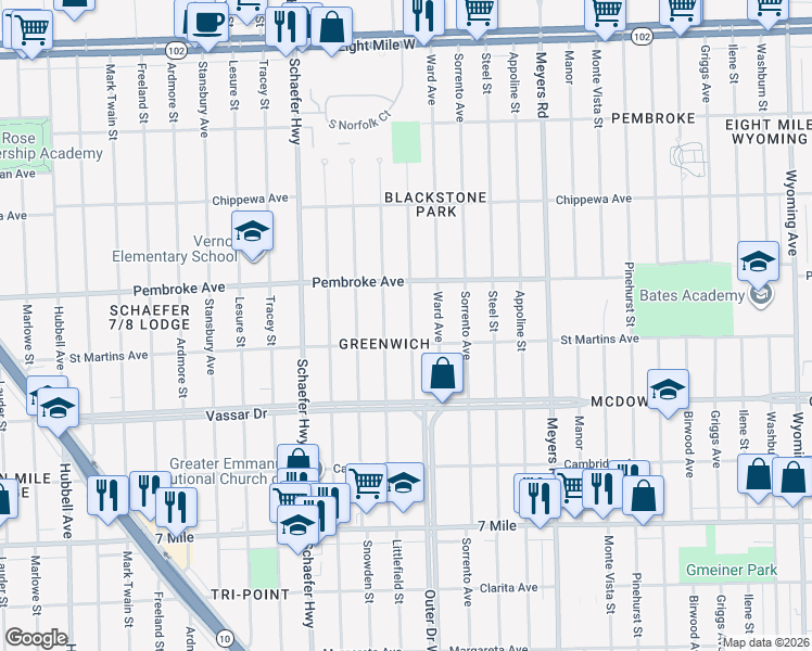 map of restaurants, bars, coffee shops, grocery stores, and more near 19505 Cheyenne Street in Detroit