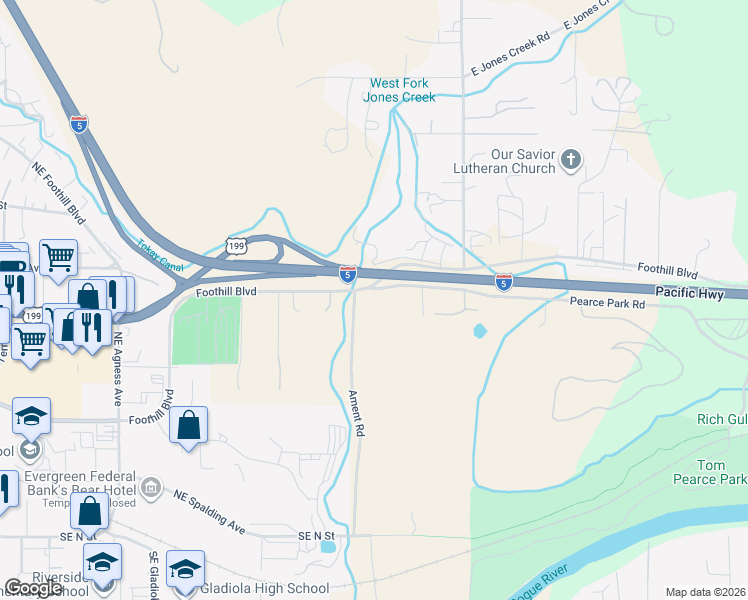map of restaurants, bars, coffee shops, grocery stores, and more near 2445 Moon Mountain Road in Grants Pass