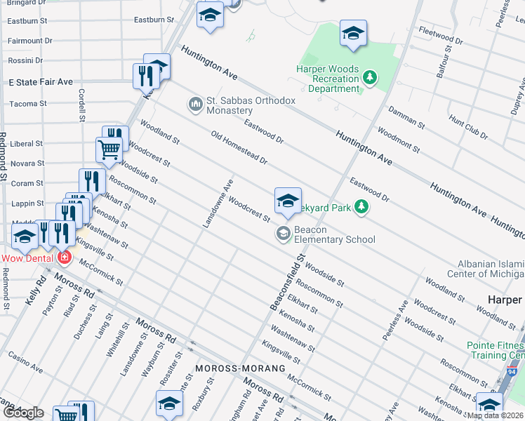 map of restaurants, bars, coffee shops, grocery stores, and more near 19307 Woodcrest Street in Harper Woods