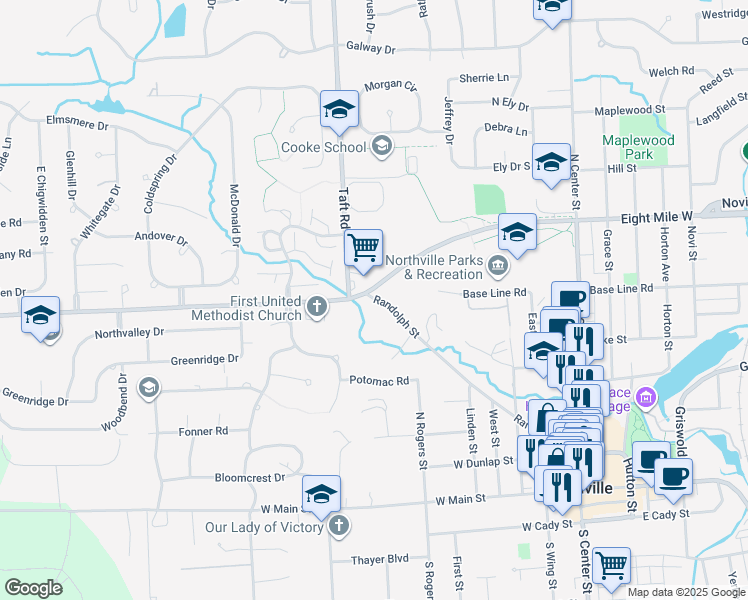 map of restaurants, bars, coffee shops, grocery stores, and more near 755 Randolph Street in Northville
