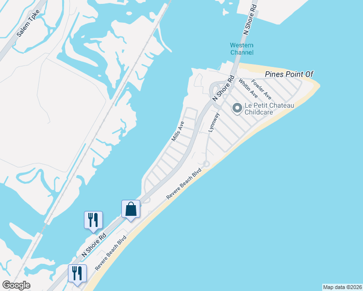 map of restaurants, bars, coffee shops, grocery stores, and more near 245 North Shore Road in Revere