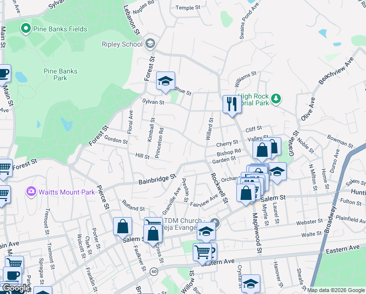 map of restaurants, bars, coffee shops, grocery stores, and more near 35 Avalon Road in Malden