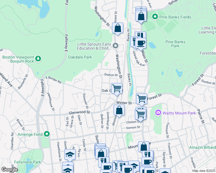 map of restaurants, bars, coffee shops, grocery stores, and more near 72 Wyoming Avenue in Malden