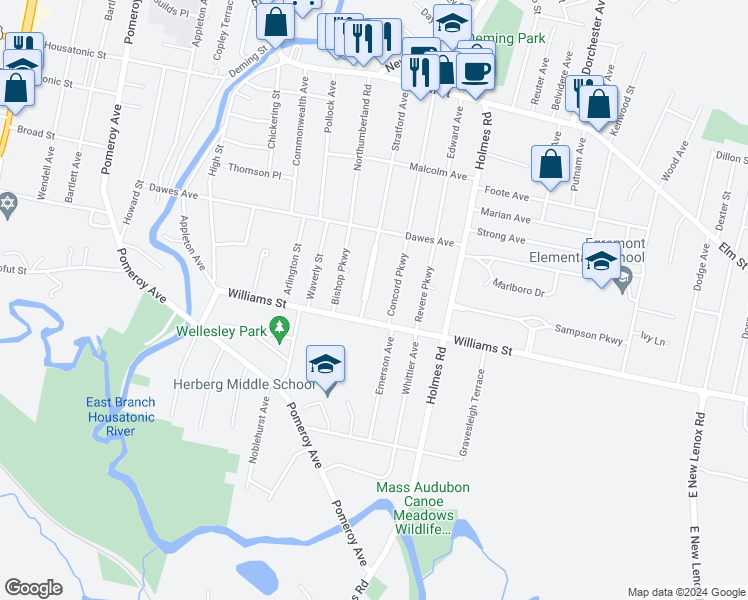 map of restaurants, bars, coffee shops, grocery stores, and more near 76 Lexington Parkway in Pittsfield