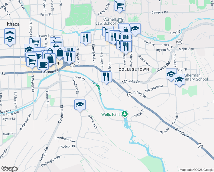 map of restaurants, bars, coffee shops, grocery stores, and more near 123 Valentine Place in Ithaca