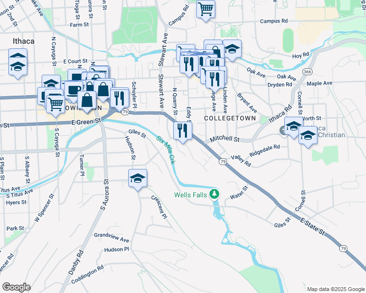 map of restaurants, bars, coffee shops, grocery stores, and more near 123 Valentine Place in Ithaca