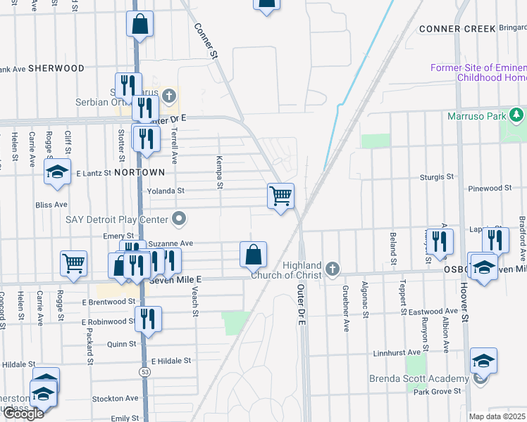 map of restaurants, bars, coffee shops, grocery stores, and more near 8630 Bliss Street in Detroit