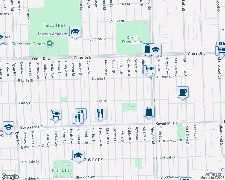 map of restaurants, bars, coffee shops, grocery stores, and more near 19330 Bloom Street in Detroit