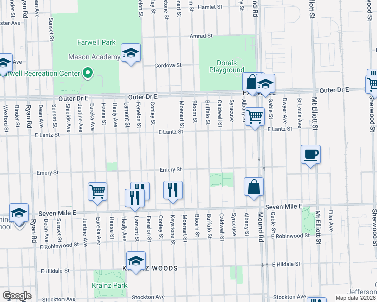 map of restaurants, bars, coffee shops, grocery stores, and more near 19333 Moenart Street in Detroit