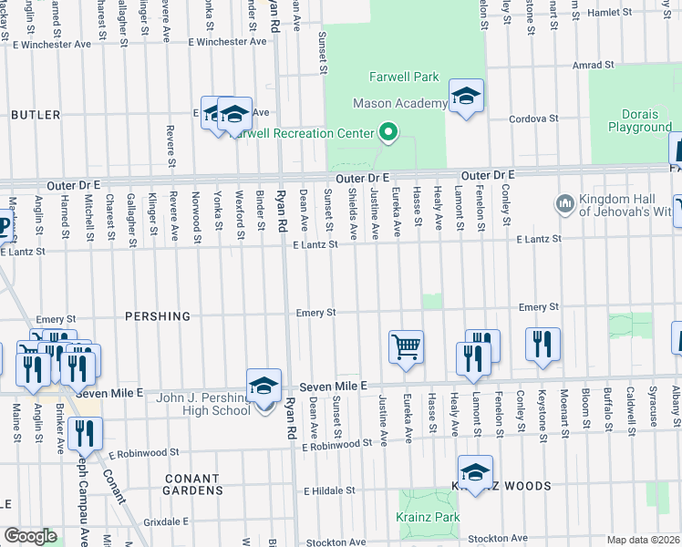 map of restaurants, bars, coffee shops, grocery stores, and more near 19354 Sunset Street in Detroit