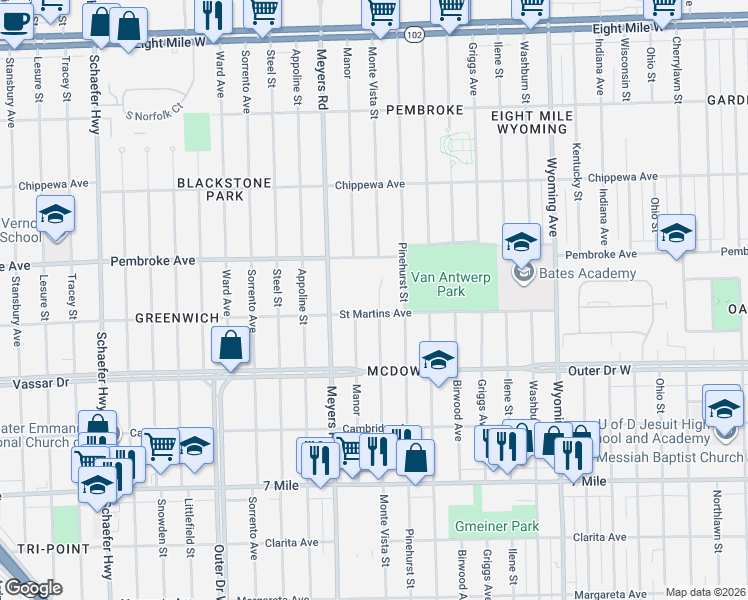 map of restaurants, bars, coffee shops, grocery stores, and more near 19505 Monte Vista Street in Detroit