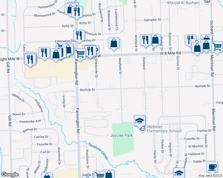 map of restaurants, bars, coffee shops, grocery stores, and more near 32719 Norfolk Street in Livonia