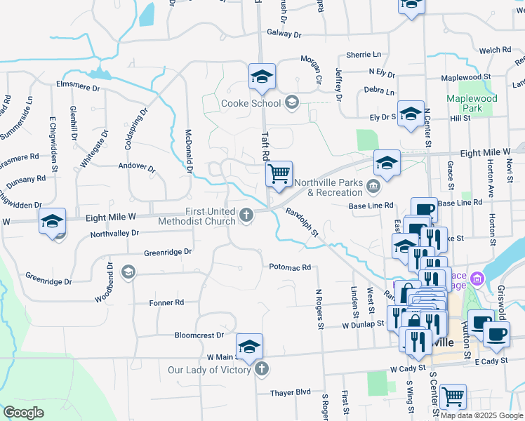 map of restaurants, bars, coffee shops, grocery stores, and more near 705 Randolph Street in Northville