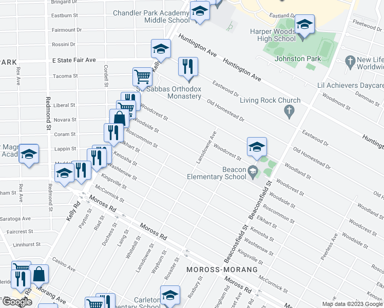 map of restaurants, bars, coffee shops, grocery stores, and more near 18984 Woodside Street in Harper Woods