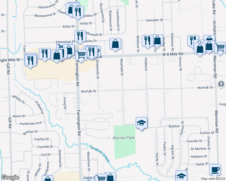 map of restaurants, bars, coffee shops, grocery stores, and more near 32719 Norfolk Street in Livonia