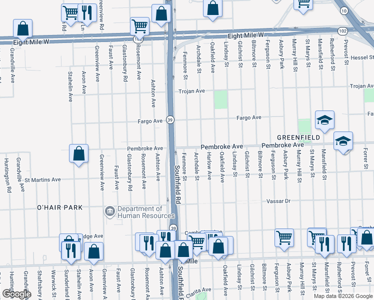 map of restaurants, bars, coffee shops, grocery stores, and more near 19772 Fenmore Street in Detroit