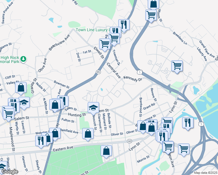 map of restaurants, bars, coffee shops, grocery stores, and more near 211 Kennedy Drive in Malden