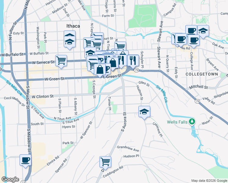 map of restaurants, bars, coffee shops, grocery stores, and more near 213 Pleasant Street in Ithaca