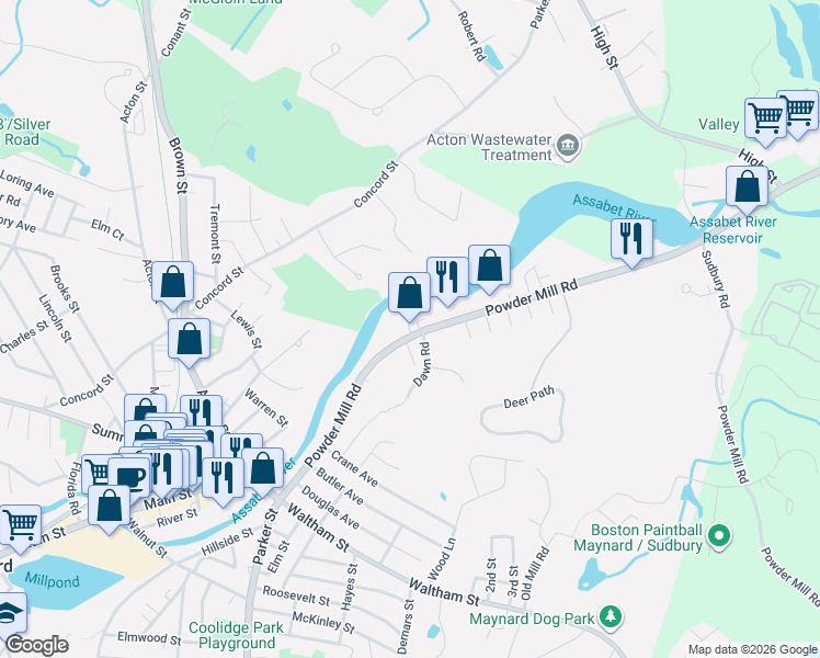 map of restaurants, bars, coffee shops, grocery stores, and more near 70 Powder Mill Road in Maynard
