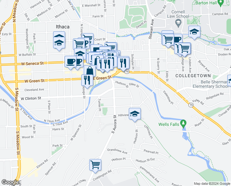 map of restaurants, bars, coffee shops, grocery stores, and more near 309 South Aurora Street in Ithaca