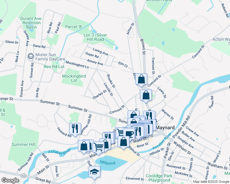 map of restaurants, bars, coffee shops, grocery stores, and more near 12 Lincoln Street in Maynard