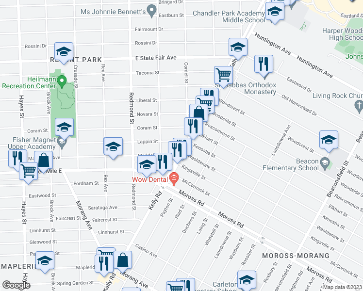 map of restaurants, bars, coffee shops, grocery stores, and more near 19249 Kelly Road in Harper Woods