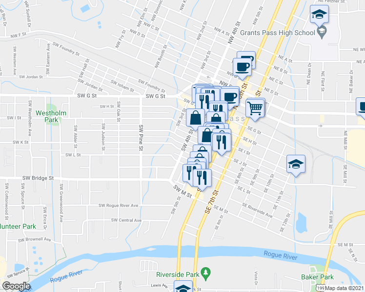 map of restaurants, bars, coffee shops, grocery stores, and more near 620 Southwest 4th Street in Grants Pass