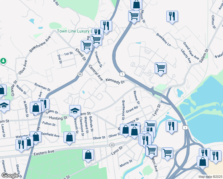 map of restaurants, bars, coffee shops, grocery stores, and more near 188-190 Central Avenue in Malden