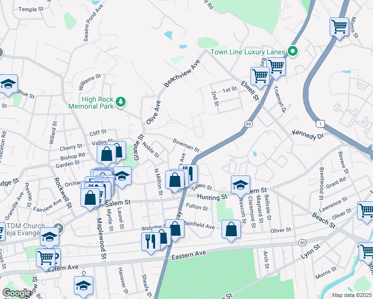 map of restaurants, bars, coffee shops, grocery stores, and more near 57 Durso Avenue in Malden