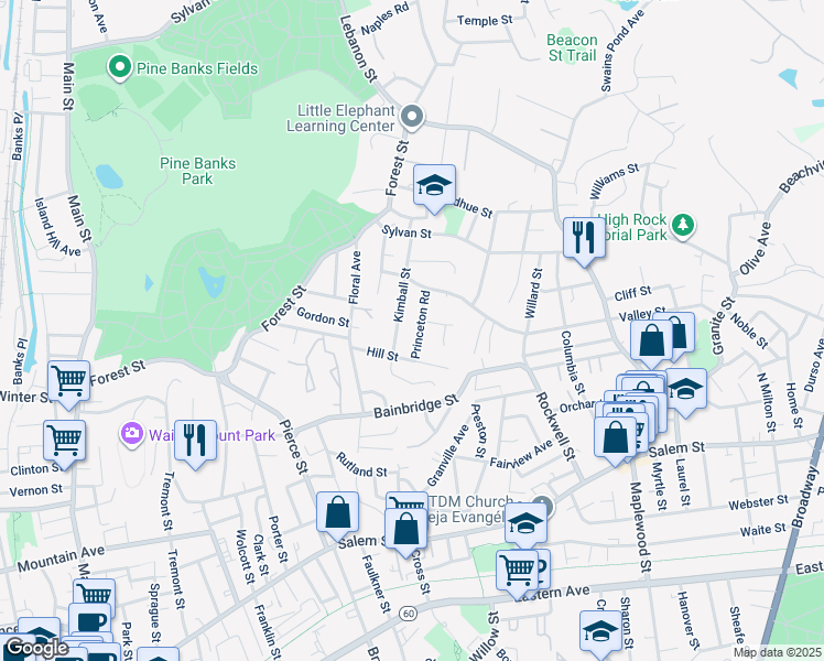 map of restaurants, bars, coffee shops, grocery stores, and more near 58 Hill Street in Malden