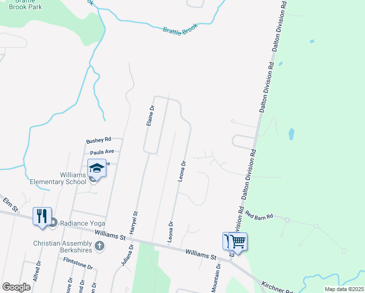 map of restaurants, bars, coffee shops, grocery stores, and more near 105 Leona Drive in Pittsfield