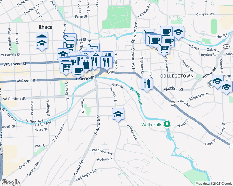 map of restaurants, bars, coffee shops, grocery stores, and more near 329 Pleasant Street in Ithaca