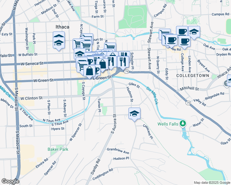 map of restaurants, bars, coffee shops, grocery stores, and more near 311 Pleasant Street in Ithaca