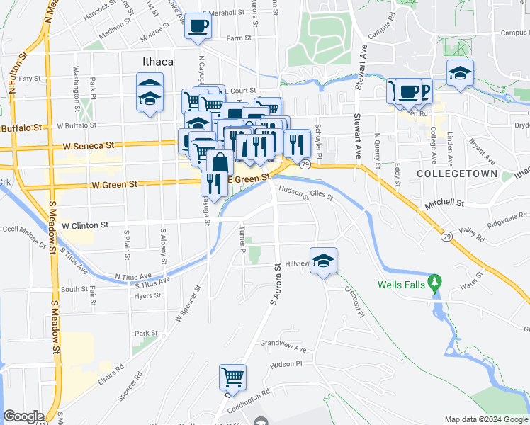 map of restaurants, bars, coffee shops, grocery stores, and more near 213 Pleasant Street in Ithaca