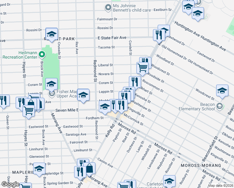 map of restaurants, bars, coffee shops, grocery stores, and more near 16212 Maddelein Street in Detroit
