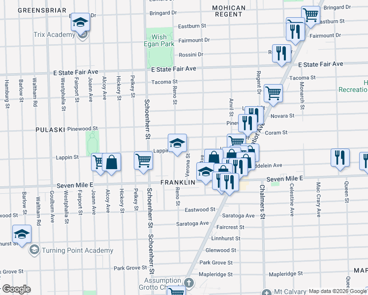 map of restaurants, bars, coffee shops, grocery stores, and more near 19208 Verona Street in Detroit