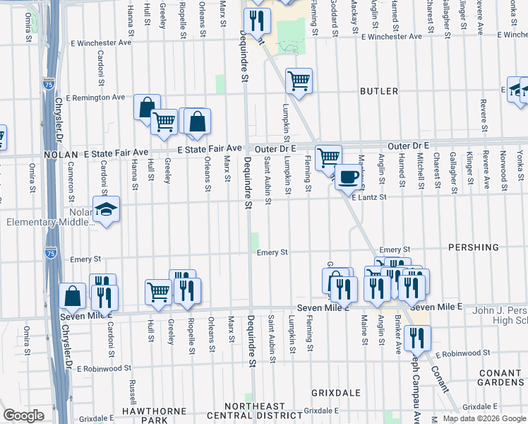 map of restaurants, bars, coffee shops, grocery stores, and more near 19375 Saint Aubin Street in Detroit