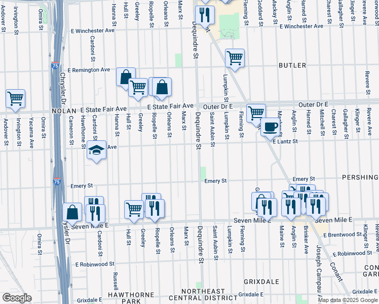 map of restaurants, bars, coffee shops, grocery stores, and more near 19377 Dequindre Street in Detroit