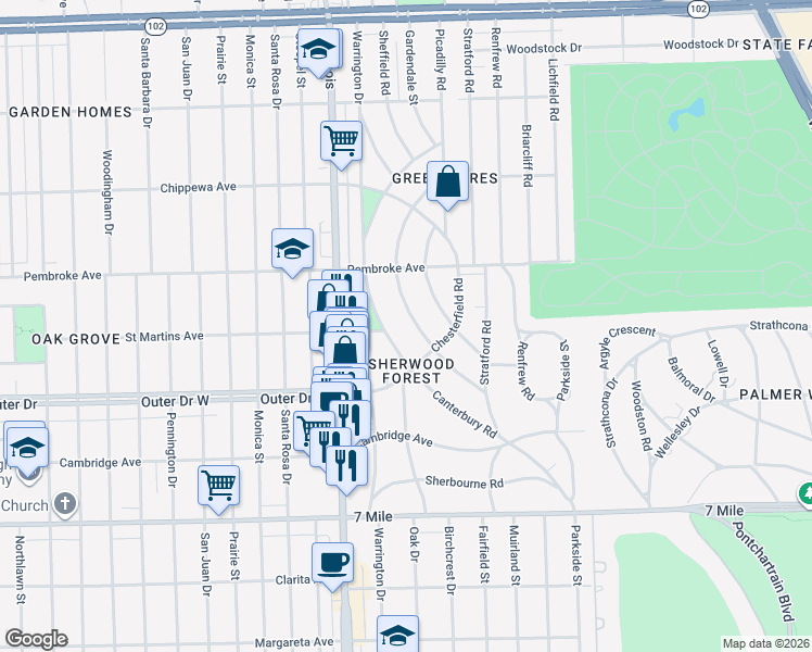 map of restaurants, bars, coffee shops, grocery stores, and more near in Detroit