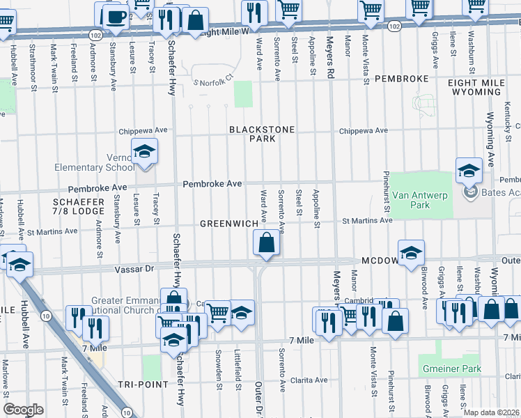 map of restaurants, bars, coffee shops, grocery stores, and more near 19504 Ward Avenue in Detroit