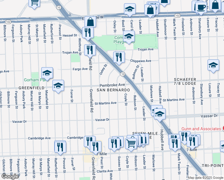 map of restaurants, bars, coffee shops, grocery stores, and more near 19742 Whitcomb in Detroit
