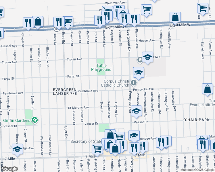 map of restaurants, bars, coffee shops, grocery stores, and more near 19817 Kentfield Street in Detroit