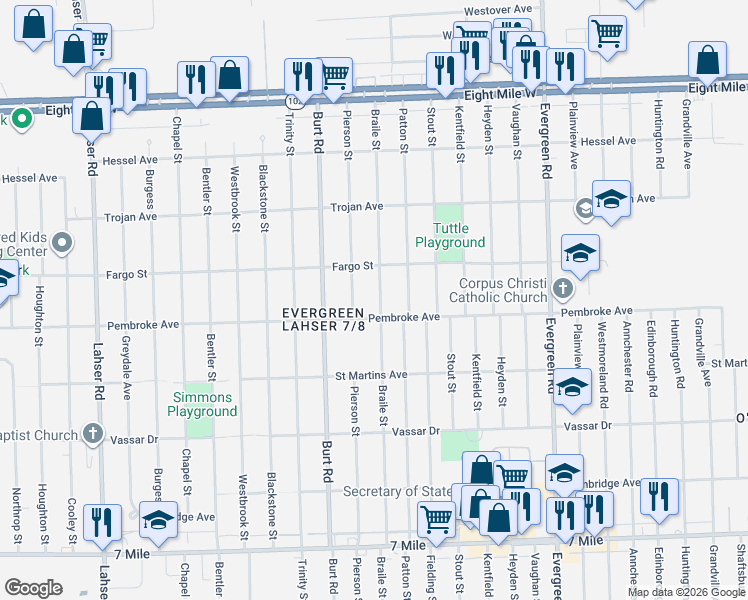 map of restaurants, bars, coffee shops, grocery stores, and more near 20718 Pembroke Avenue in Detroit